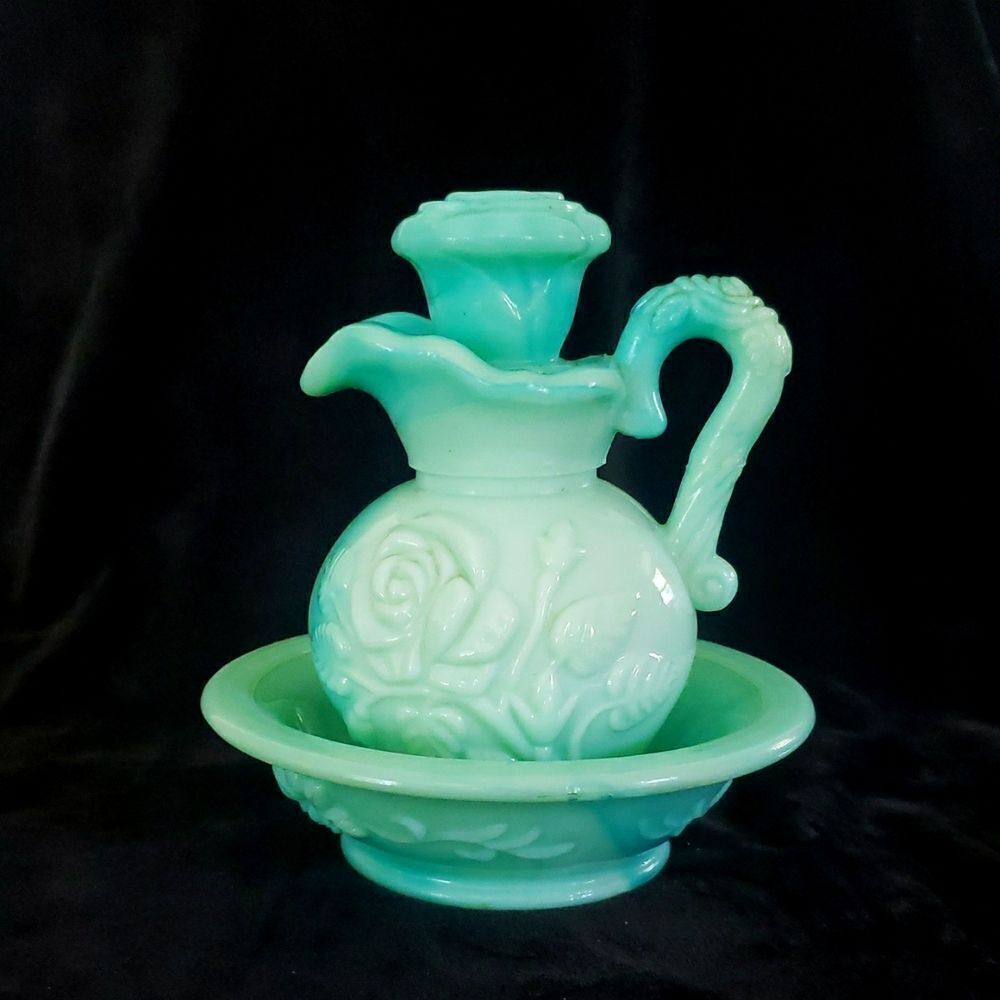 Lovely Vintage 1970s Blue Green Milk Glass Pitcher and Bowl Bath Decanter Set